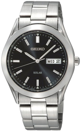 seiko silvertone black dial solar calendar watch